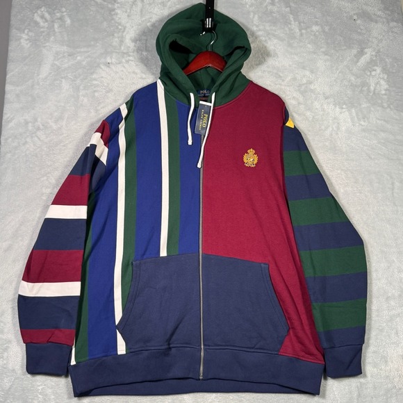 Ralph Lauren Hoodie Mens 2XLT 2XL Tall Color Block Crest Full Zip Jacket